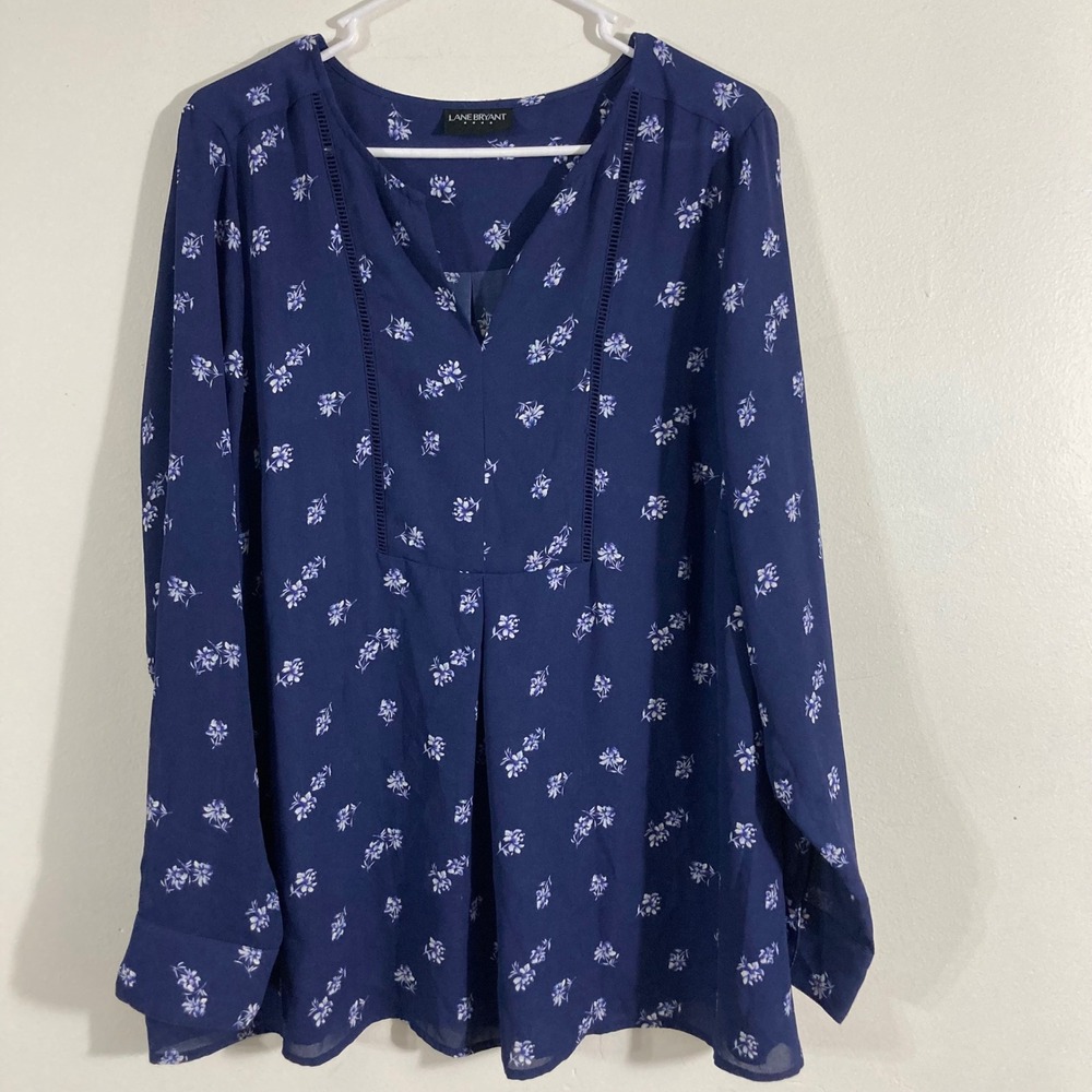 Lane Bryant Navy Blue Floral Split Neck Blouse with Ladder Lace Trim Size 14/16
